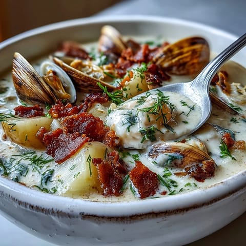 Creamy New England Clam Chowder with tender clams and potatoes in a white ceramic bowl, served with oyster crackers and fresh parsley.