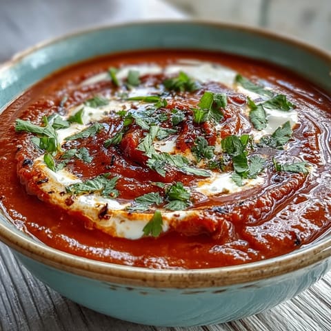 Silky, vibrant Roasted Red Pepper Soup topped with herbs, served alongside crusty bread for dipping.