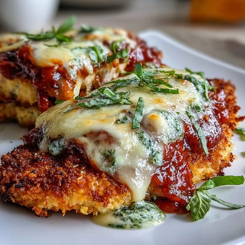 Four servings of baked Pesto Chicken Parmesan are plated with a fresh garden salad and a slice of garlic bread.