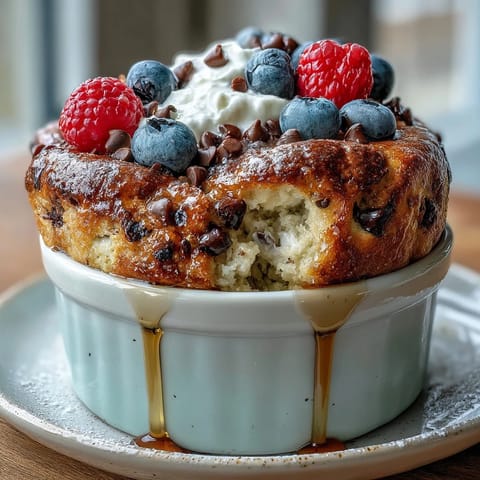 Freshly baked Baked Protein Pancake Bowl, golden and fluffy, served warm in the ramekin with a side of maple syrup.