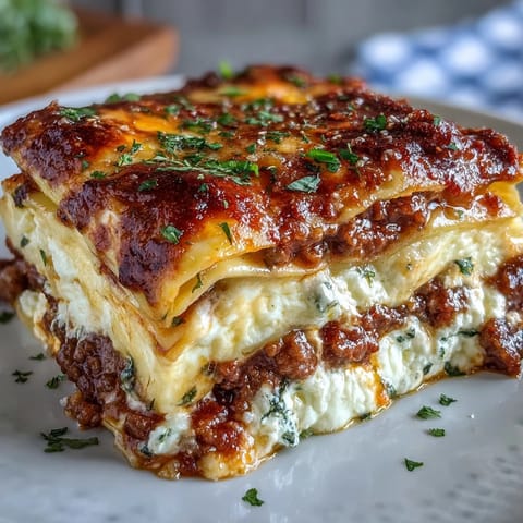 Golden, bubbling cheese tops the Worlds Best Lasagna, revealing rich meat sauce and creamy ricotta layers inside.