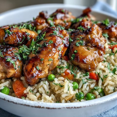 Glazed chicken pieces rest atop steamed rice and vegetables in a single skillet, ready for a family-style dinner.