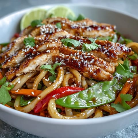Garnished with sesame seeds, cilantro, and lime wedges on a rustic table.