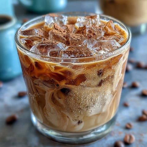 Creamy Iced Hojicha with Cinnamon blends roasted tea and milk, perfect for a refreshing afternoon pick-me-up. 
