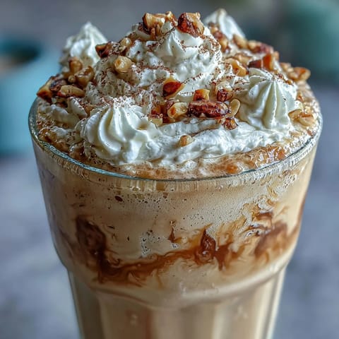A chilled glass of Hojicha milkshake with whipped cream and Hojicha powder dusting, ready to sip.