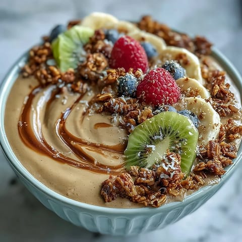 Creamy Hojicha Smoothie Bowl topped with fresh berries, kiwi, and crunchy granola for a nourishing breakfast.