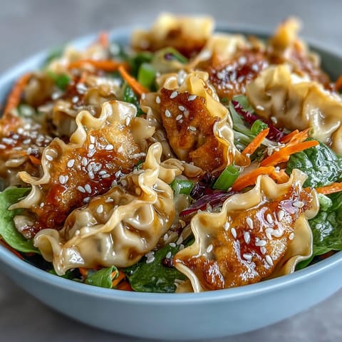 Chopsticks lift noodles and potstickers from a savory Potsticker Noodle Bowl garnish.