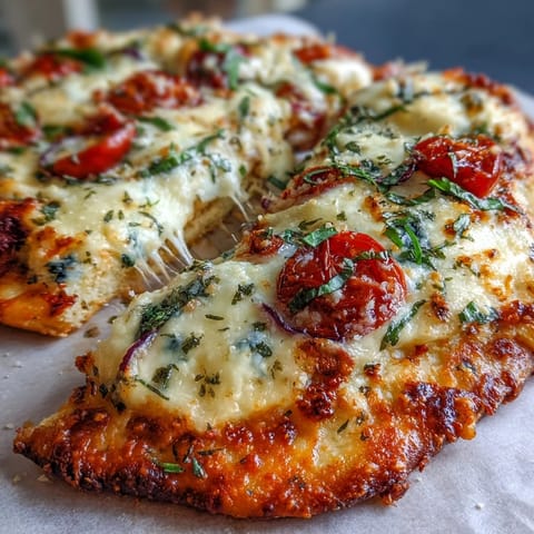 Freshly baked Crispy Garlic Parmesan Naan Pizza with melted mozzarella and bright red cherry tomatoes.