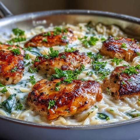Deep skillet of One-Pot Creamy Garlic Parmesan Chicken Orzo with melted Parmesan and a vibrant spinach garnish.