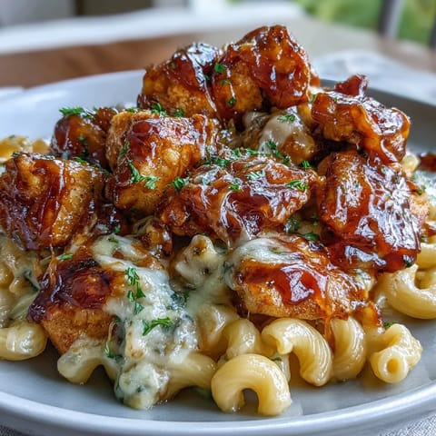 Golden sticky sauce glistens over elbow pasta with chicken pieces, topped with fresh green scallions.