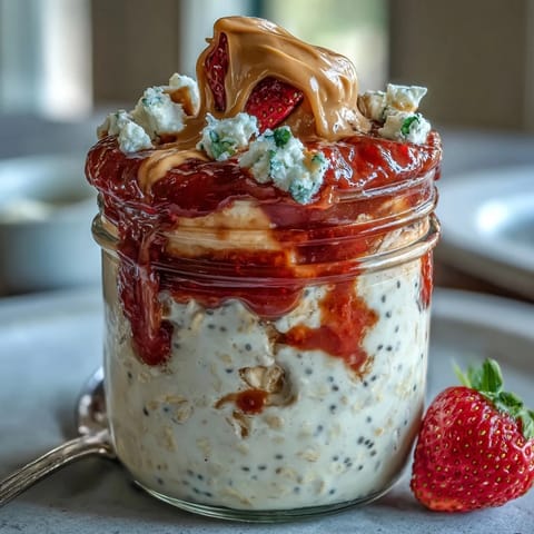 Overnight oats with peanut butter layers and a vibrant strawberry jam swirl in a clear jar. 