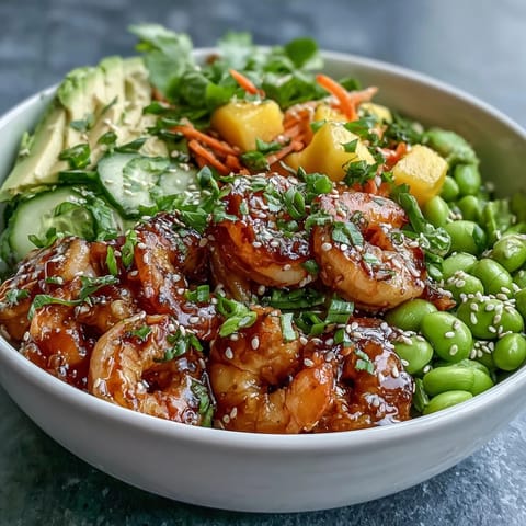 Savory 20-Minute Shrimp Poke Bowl with Mango and Edamame garnished with scallions and sesame seeds, featuring bright shrimp, creamy avocado, and crisp veggies over rice.