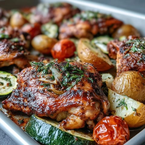 Colorful one-pan Mediterranean chicken dish with tender zucchini, juicy chicken, and herb-roasted potatoes, garnished with fresh parsley.  