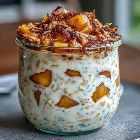 Tropical vegan breakfast featuring juicy mango chunks, chia seeds, and golden toasted coconut on top.  