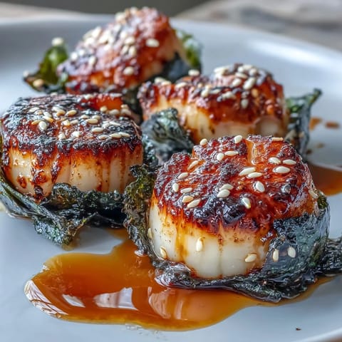 Pan-seared scallops wrapped in crispy nori seaweed, served with a tangy ponzu dipping sauce for a Japanese fusion appetizer.  