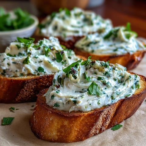 Fluffy whipped butter infused with roasted garlic and fresh herbs, perfect for topping warm baguette toasts.  