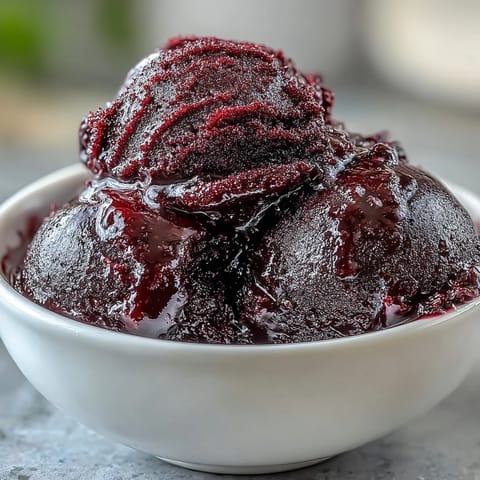 Vibrant black currant sorbet with a deep purple hue, served in chilled bowls with fresh mint garnish.  