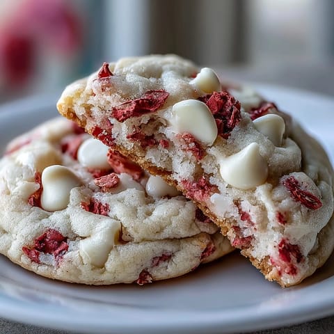 A plate of Valentine strawberry white chocolate cookies, soft and chewy with bursts of berry flavor and creamy chips.