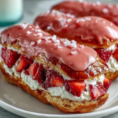 A tray of golden éclairs filled with fresh strawberry cream and topped with a glossy pink glaze, perfect for Valentine's Day.