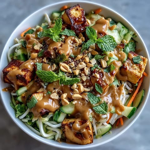 Asian Spring Roll Bowl with Peanut Sauce featuring fresh vegetables, rice noodles, and creamy peanut dressing in a vibrant, colorful bowl.
