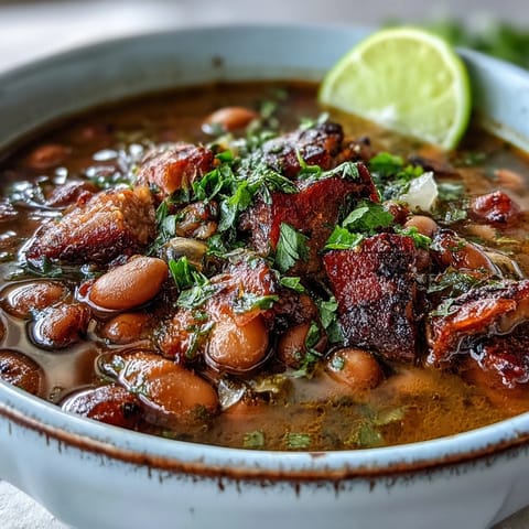 Hearty Tex-Mex ham and pinto bean soup with tender beans, smoky spices, and chunks of savory ham.  
