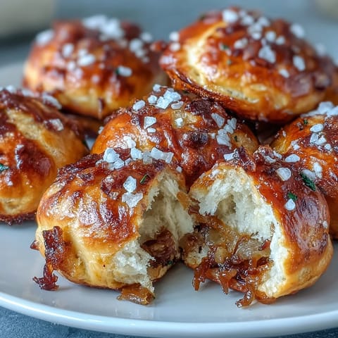 Sourdough Onion Pretzel Bites with golden caramelized onions baked into soft, chewy dough, sprinkled with flaky sea salt.  