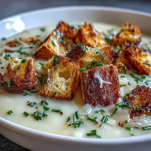 Velvety vegetarian soup blending tender leeks and potatoes, garnished with golden sourdough croutons for crunch.  