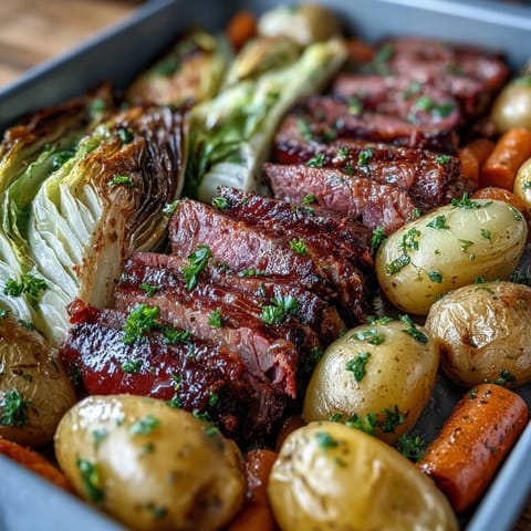A vibrant sheet pan dinner featuring tender corned beef, roasted cabbage, and golden potatoes, perfect for a quick Irish-American meal.