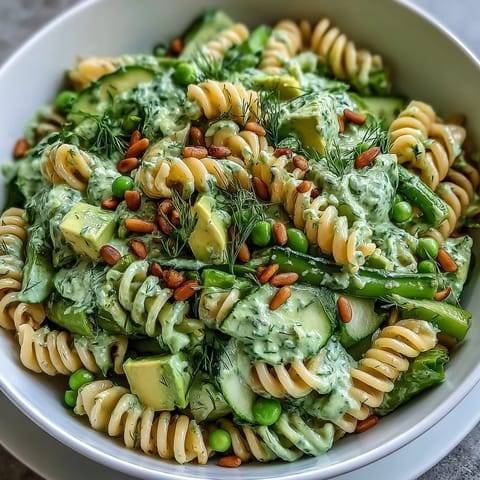 Vibrant Spring Green Goddess Pasta Salad with Peas and Herbs, tossed in creamy herb dressing and topped with avocado slices.  