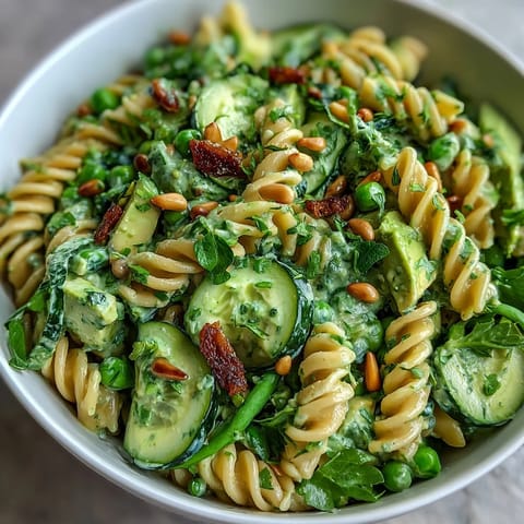 Fresh and colorful Spring Green Goddess Pasta Salad with Peas and Herbs, featuring crisp snap peas and tender baby spinach.  