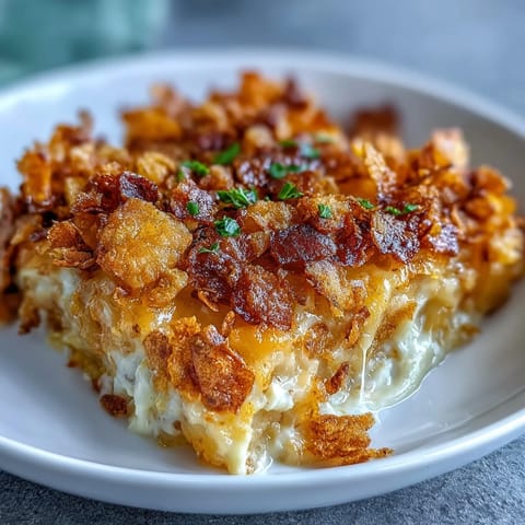 Funeral potatoes casserole with creamy cheese sauce and golden crispy cornflake topping.
