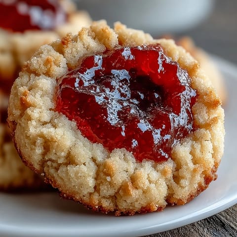 Buttery thumbprint cookies with vibrant strawberry jam centers, ideal for summer picnics and outdoor gatherings.  