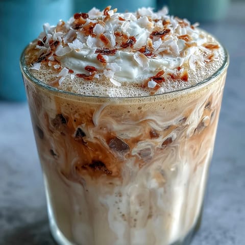 Creamy vanilla bean and coconut milk frappuccino mocktail blended with ice for a refreshing tropical treat.  