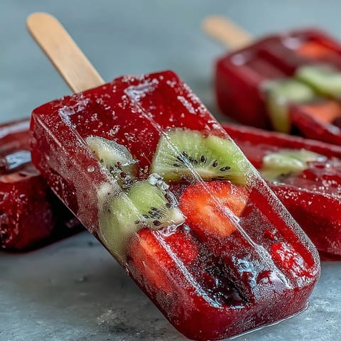 Strawberry Daiquiri Popsicles with Fresh Fruit Chunks - vibrant frozen treats with rum, strawberries, and tropical fruit chunks for a boozy summer delight.