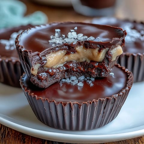 Homemade Reese's peanut butter cups with dark chocolate, creamy filling and glossy chocolate coating in a classic muffin tin presentation.