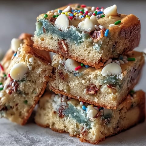 Vibrant St. Patrick's Day rainbow cookie bars with white chocolate chips and colorful sprinkles in a festive dessert.