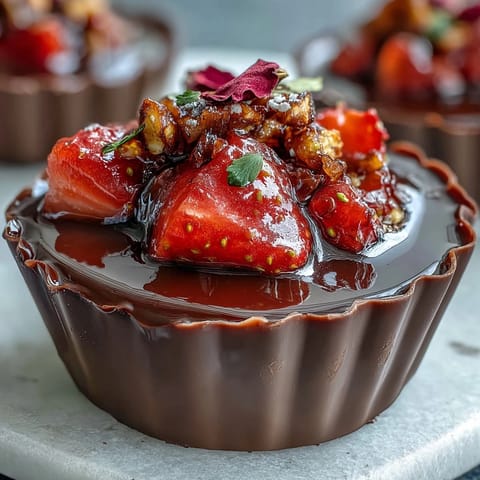 Luxurious dark chocolate cups filled with fresh strawberries and fragrant rosewater, topped with crunchy pistachio clusters.  