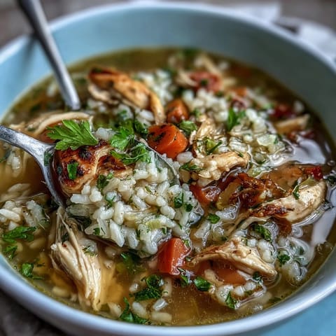 One-pot chicken and rice soup loaded with fresh vegetables, seasoned chicken, and fluffy rice for a nourishing, comforting meal.  