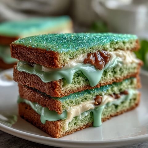 Sparkly St. Patricks Day Green Sugar Cookie Sandwiches with creamy vanilla frosting and green sparkling sugar coating.  