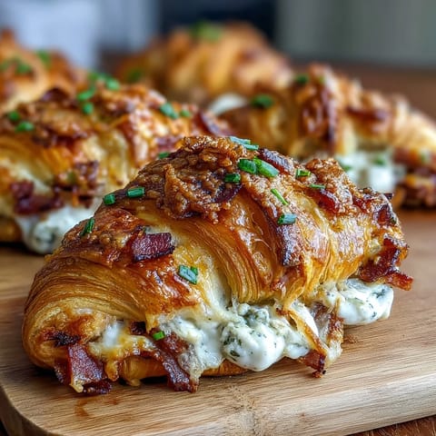 Golden-baked Ham & Swiss Croissant Bake, a comforting casserole perfect for breakfast or brunch, topped with melted cheese and green onions.