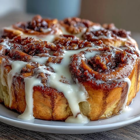 Warm cinnamon roll pancake casserole with cream cheese glaze, perfect for a cozy weekend brunch with family.  