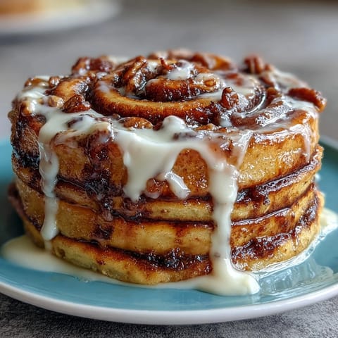 Decadent breakfast bake featuring cinnamon swirls in fluffy pancakes, topped with rich cream cheese glaze for extra indulgence.  