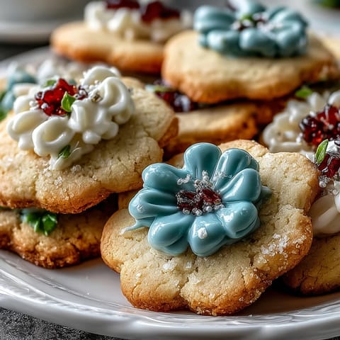 Delicate buttery shortbread cookies decorated with colorful floral icing designs for a festive spring dessert.