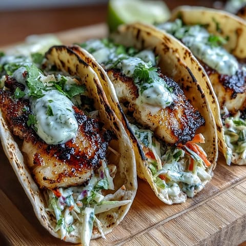 Grilled coconut lime fish tacos with fresh cabbage slaw and tangy crema on warm tortillas.  