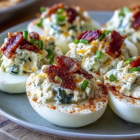 Spicy jalapeño popper deviled eggs with cream cheese and crispy bacon, garnished with fresh jalapeños for a bold appetizer.
