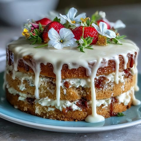 Floral drip cake with strawberry frosting, featuring edible pansies and fresh berries, perfect for spring celebrations.