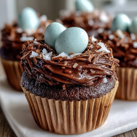 Adorable Easter Nest Cupcakes with chocolate frosting and candy eggs in a festive nest design.