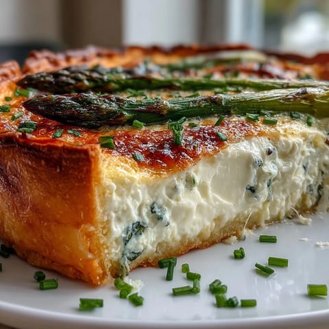 Spring asparagus and ricotta tart baked to golden perfection, topped with tender green spears and herbs.