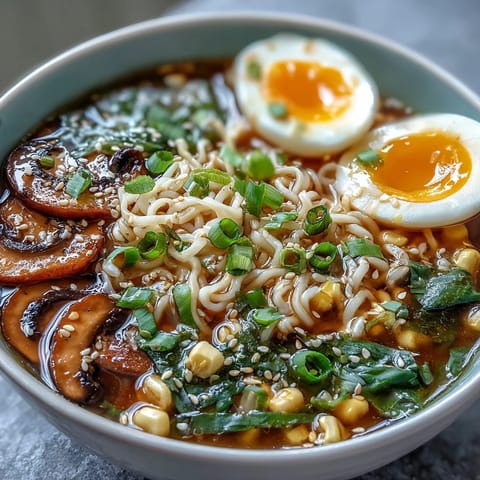 Warm bowl of homemade miso ramen with rich broth, soft-boiled egg, mushrooms, and fresh green onions.