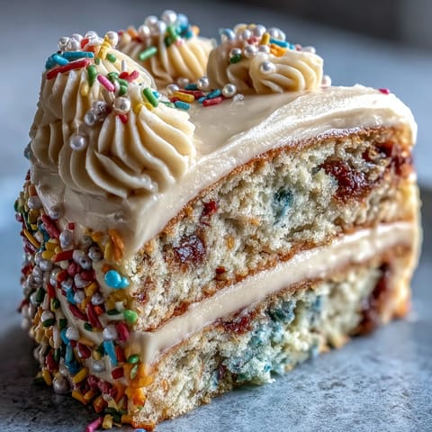 Festive Class of 2026 Confetti Cake topped with champagne frosting swirls.